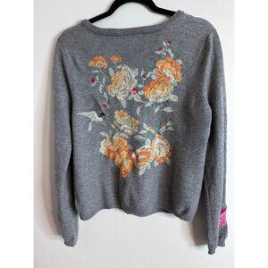 Love Johnny Was Cashmere Cardigan M Gray Floral Embroidered Boho Luxe